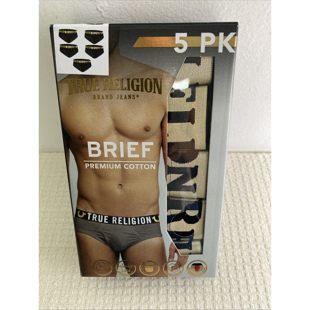 True Religion Premium Cotton Briefs Men's Size M Logo Waistband Black Gold 5pk